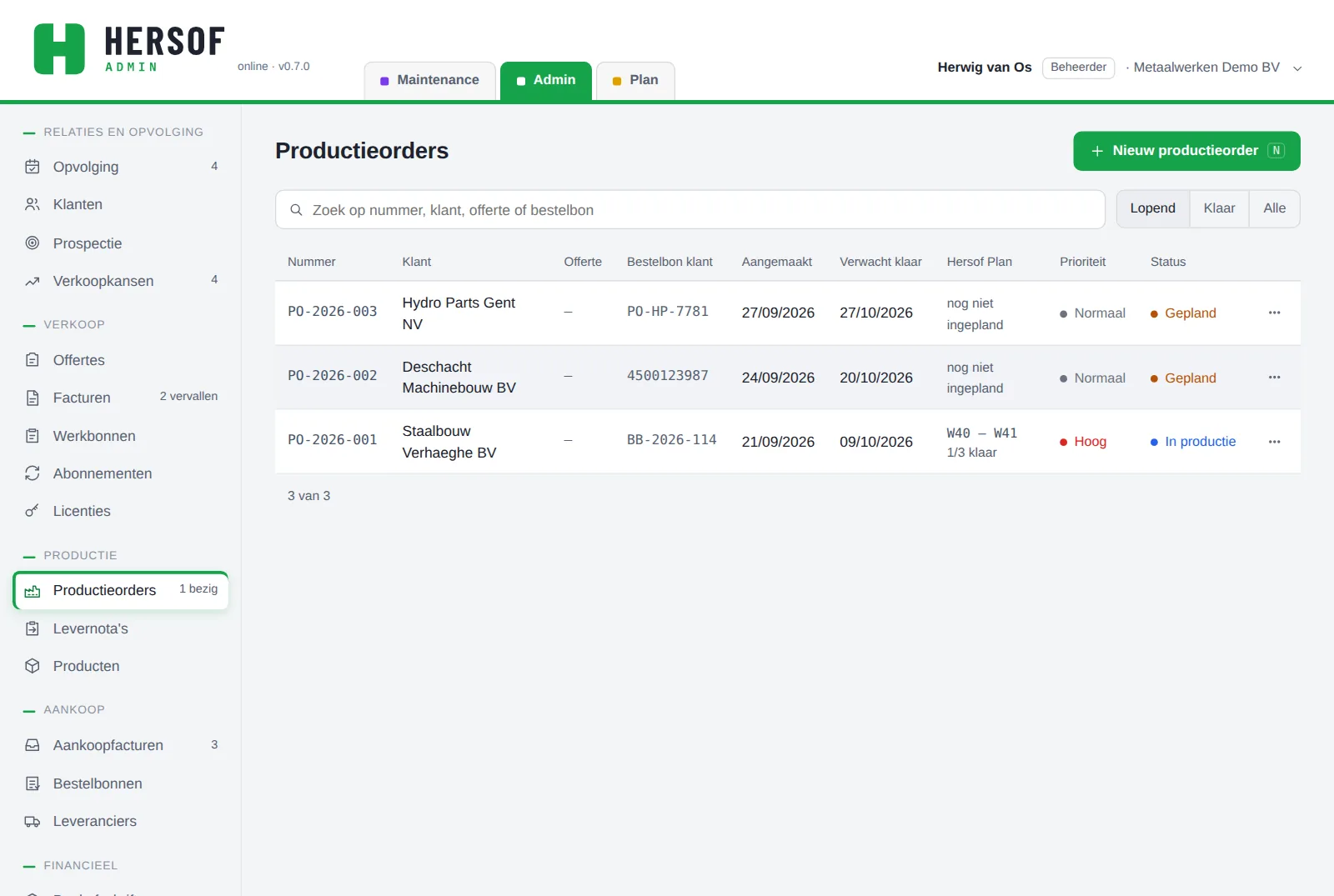 Productieorders met de planning uit Hersof Plan