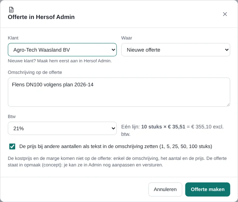 Een offerte maken in Hersof Admin vanuit Calc
