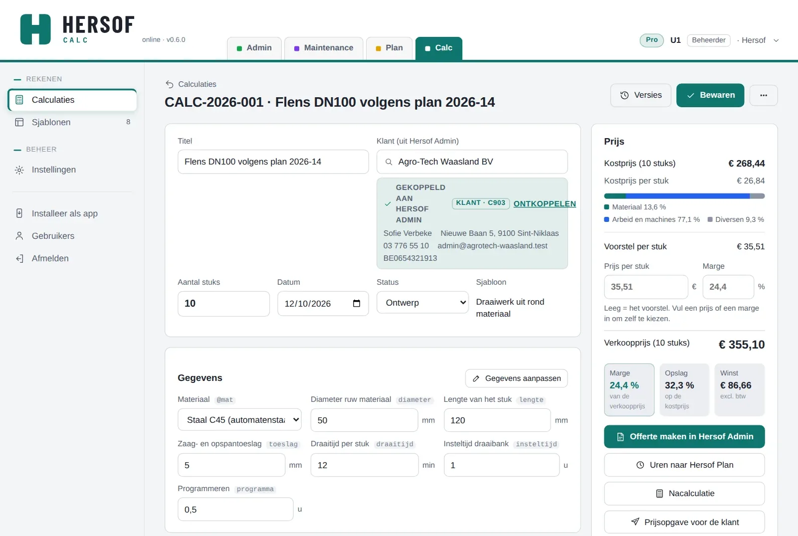 Een calculatie in Hersof Calc