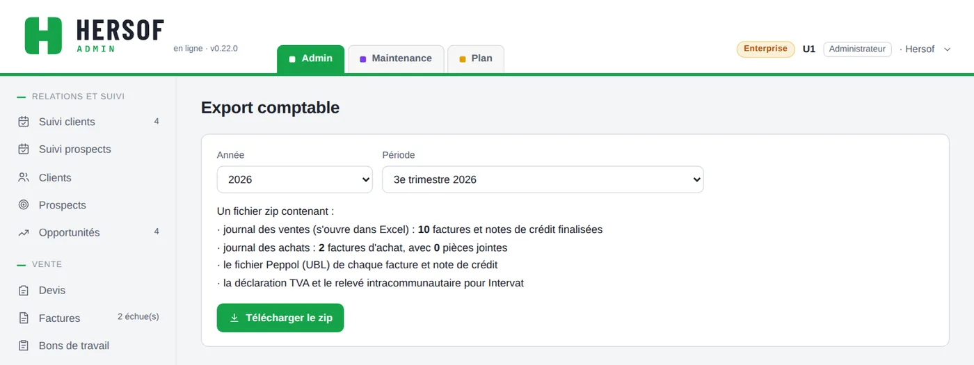 Écran Export pour le comptable