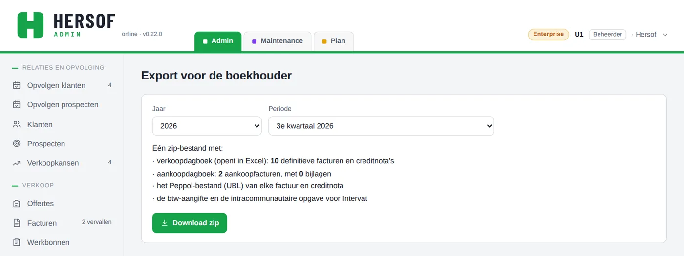Scherm Export voor de boekhouder