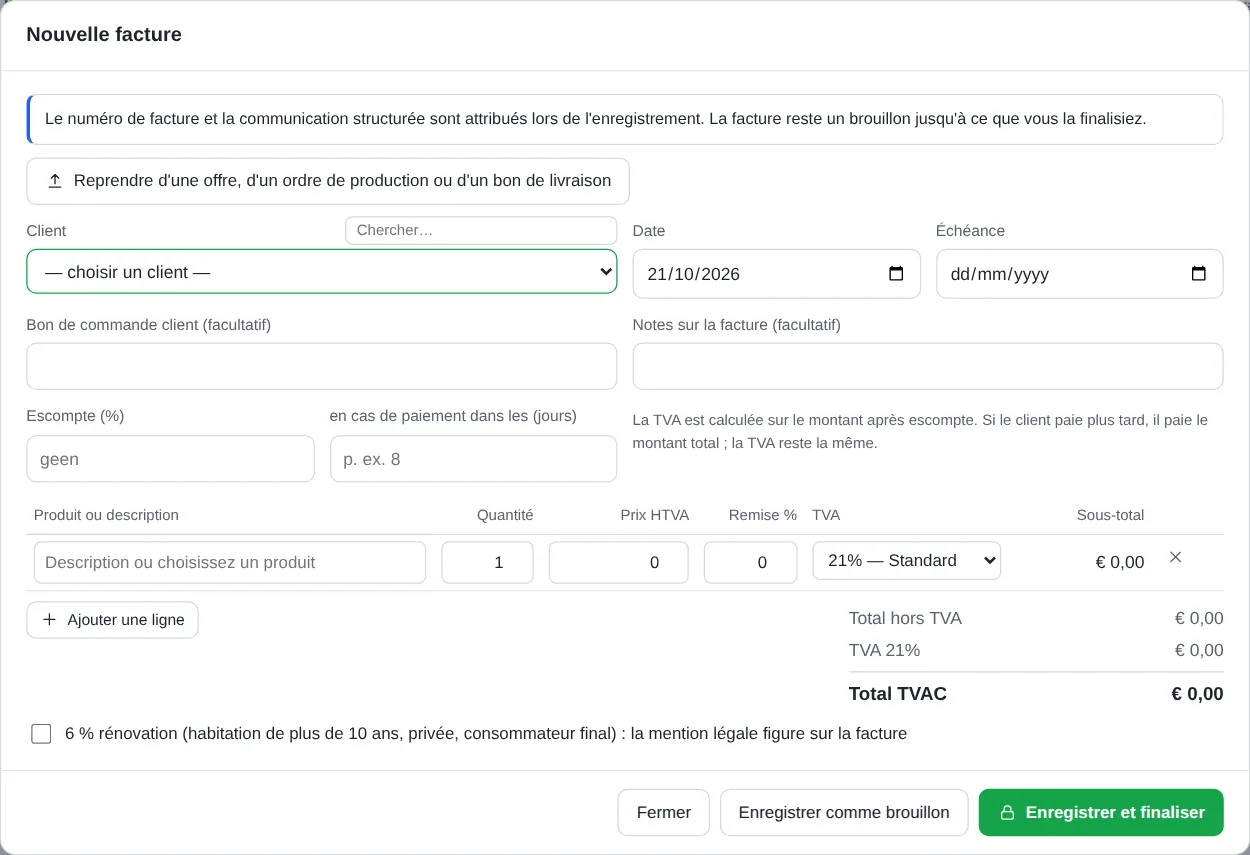 Fenêtre Nouvelle facture avec client, date, échéance et lignes