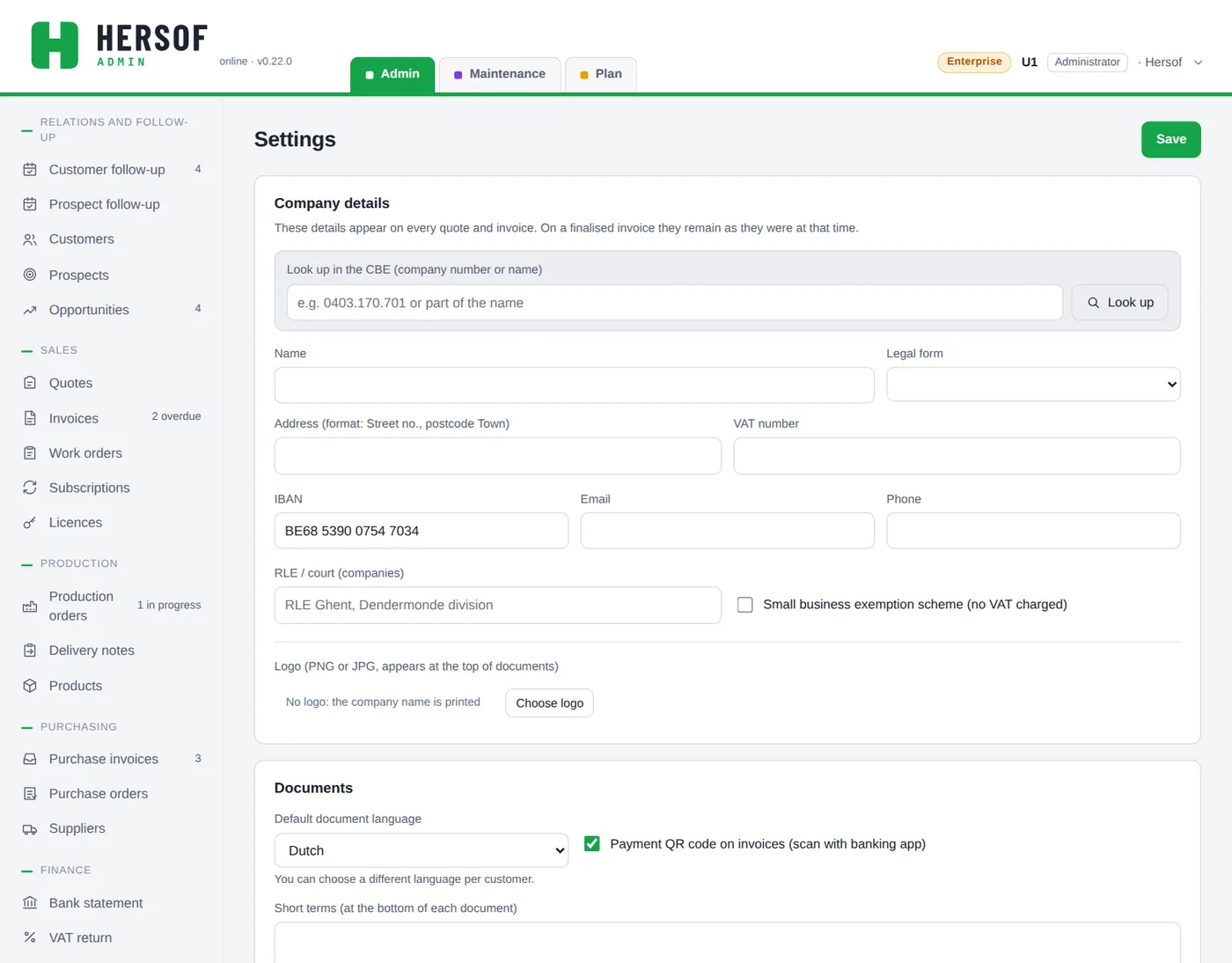 Settings screen with the company details