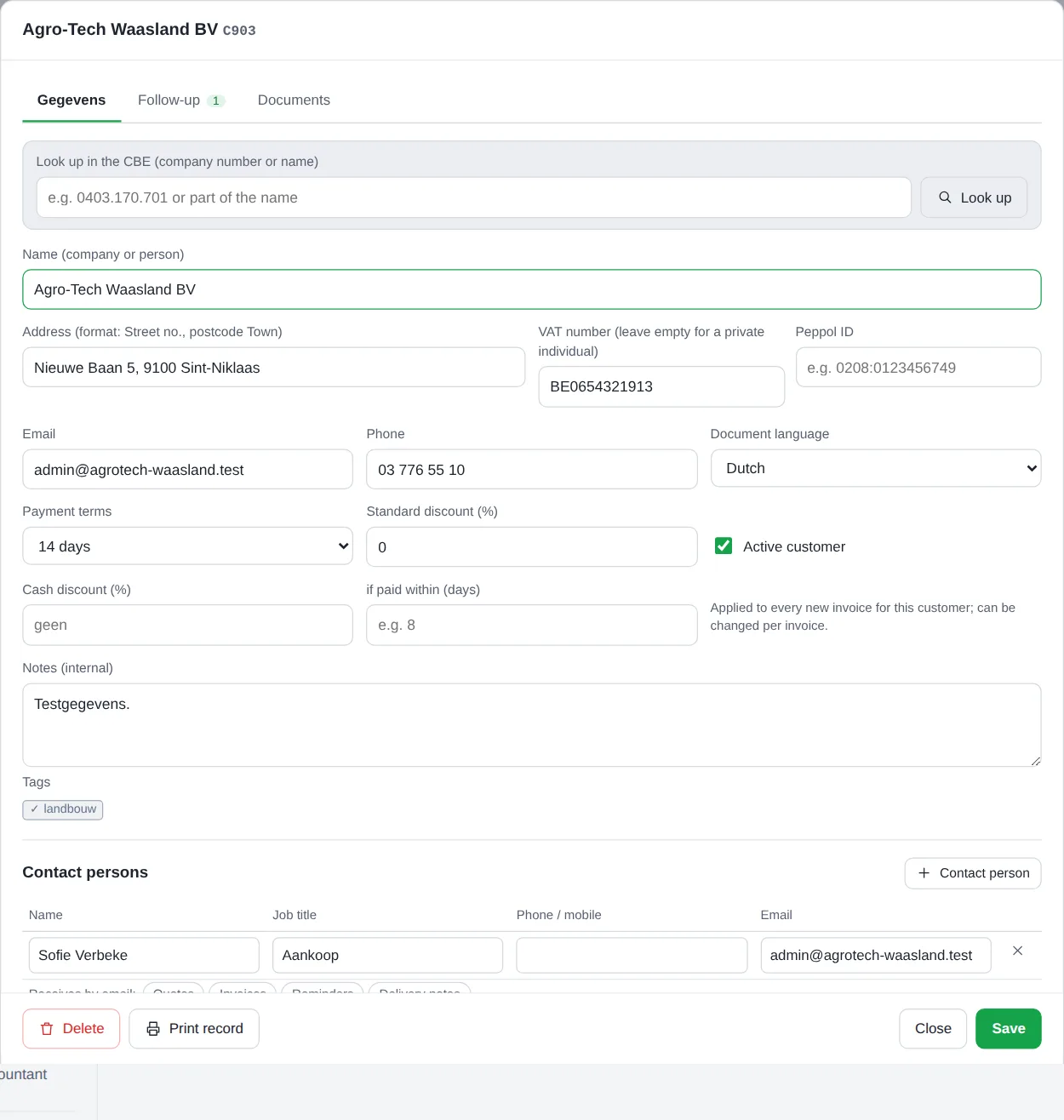 Customer record with CBE lookup, details and contact persons