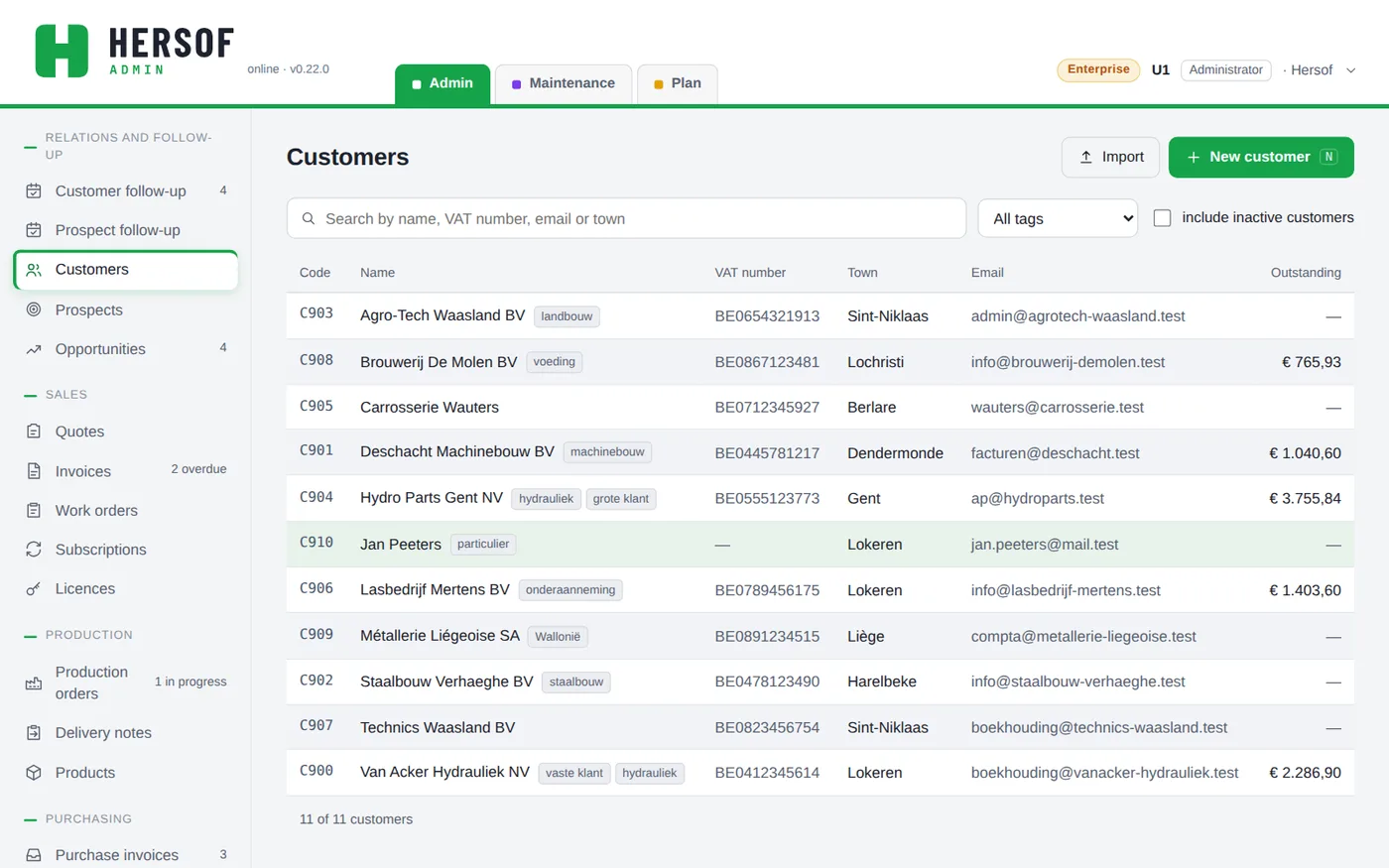 List of customers with search field and tags