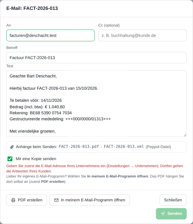 Das Fenster zum Versenden einer Rechnung, mit An, Cc, Betreff, Text und den Anhängen