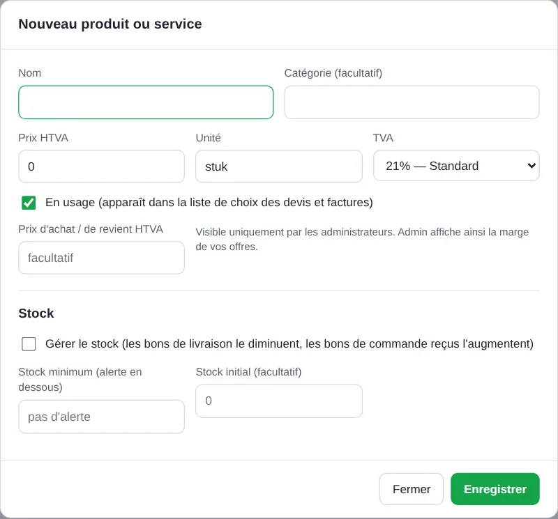 Fenêtre nouveau produit avec prix, unité et TVA
