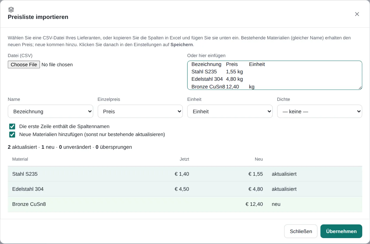 Fenster Preisliste importieren mit Vorschau der neuen Preise