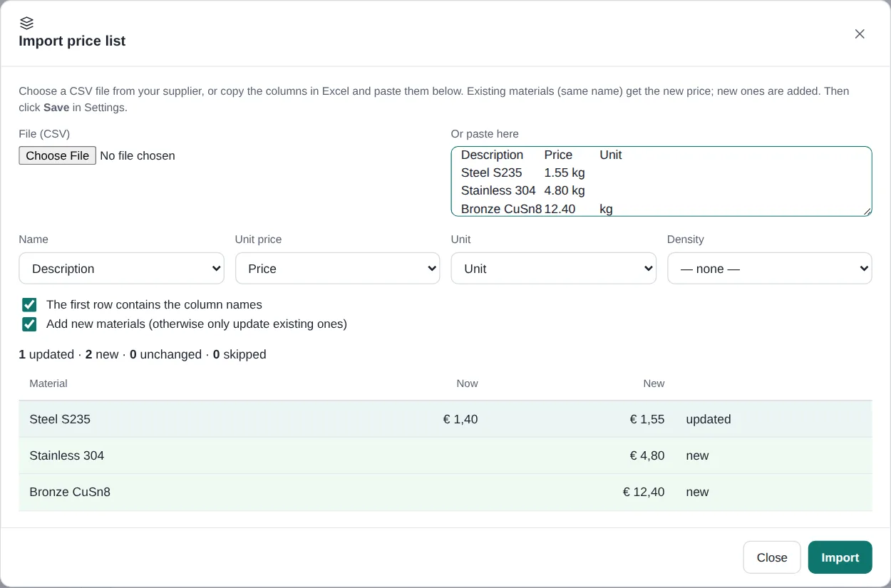 Window Import price list with a preview of the new prices