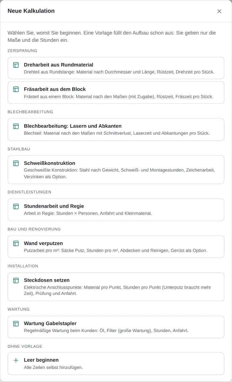 Fenster Neue Kalkulation mit der Auswahl der Vorlagen