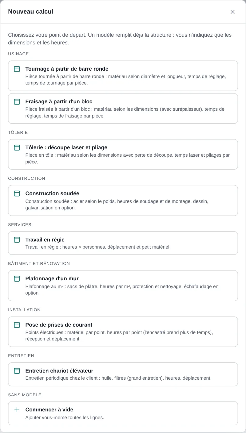 Fenêtre Nouveau calcul avec le choix des modèles