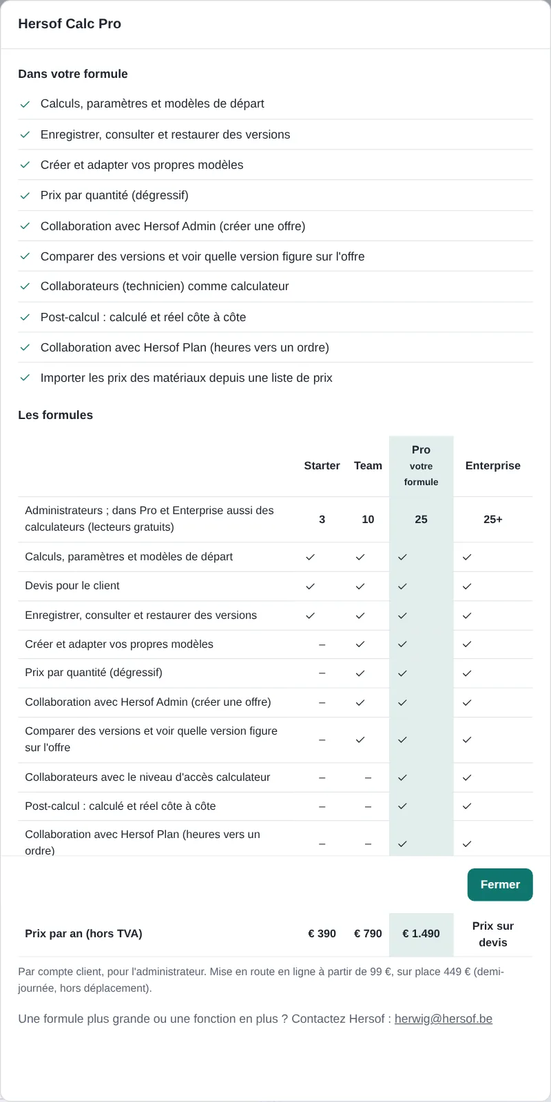 Aperçu des formules Starter, Team, Pro et Enterprise
