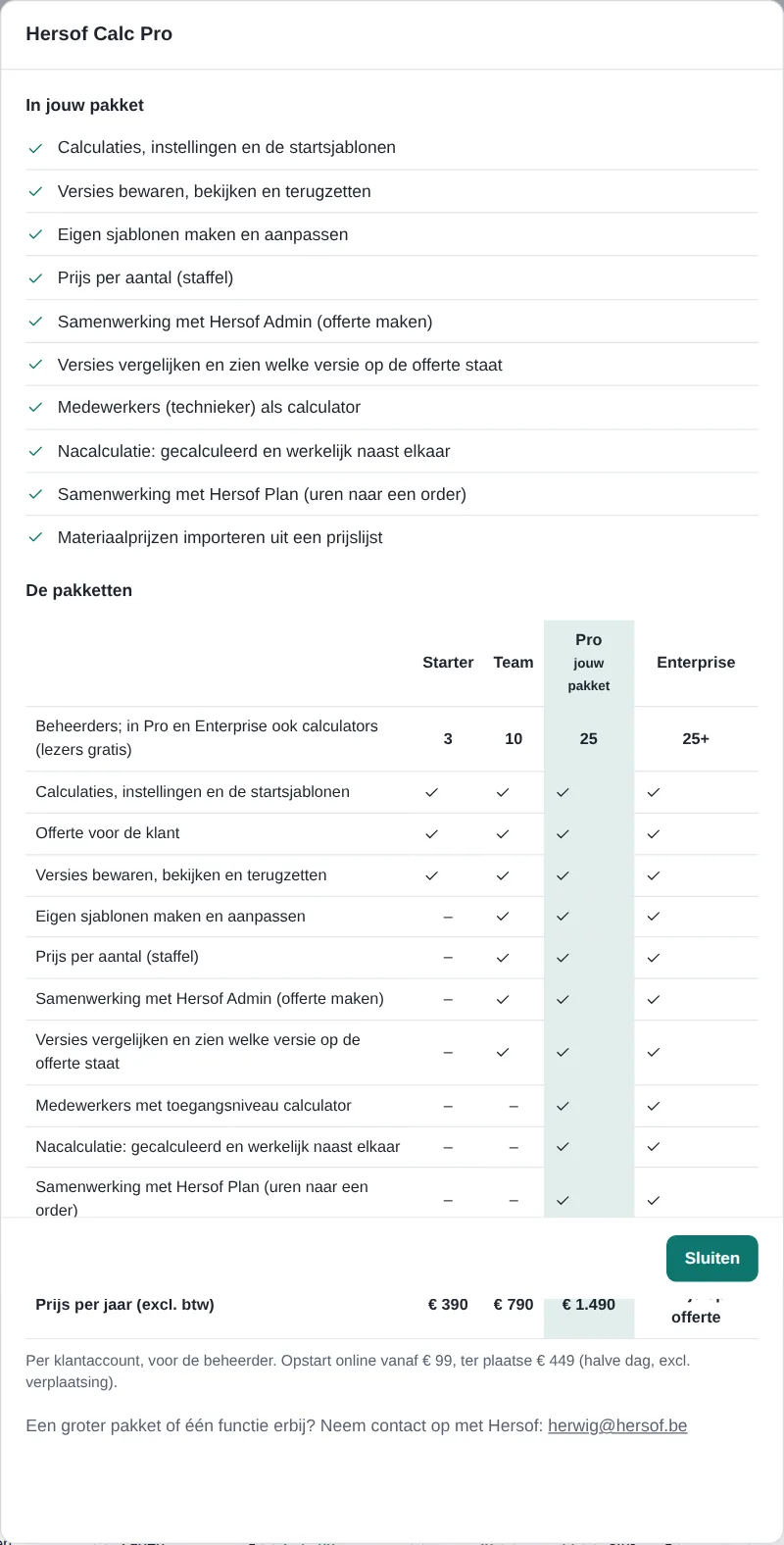 Overzicht van de pakketten Starter, Team, Pro en Enterprise