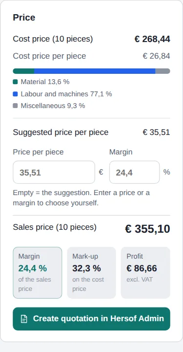 Sidebar with cost price, suggested price per piece, margin, mark-up and profit, and the price per quantity