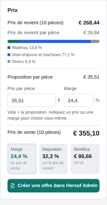 Barre latérale avec prix de revient, proposition par pièce, marge, majoration et bénéfice, et le prix par quantité