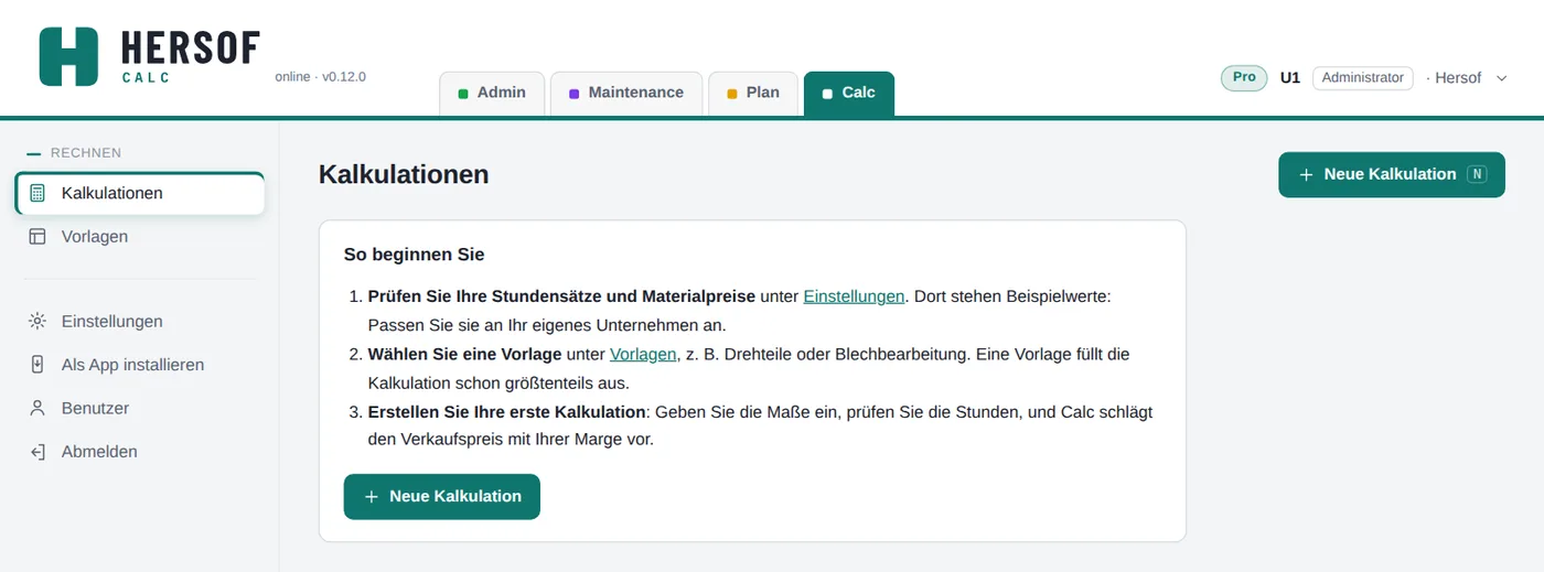 Startbildschirm von Hersof Calc mit den drei Schritten zum Beginnen