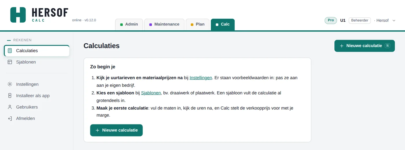 Startscherm van Hersof Calc met de drie stappen om te beginnen