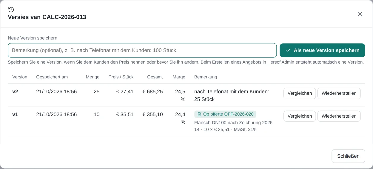 Fenster mit den Versionen einer Kalkulation