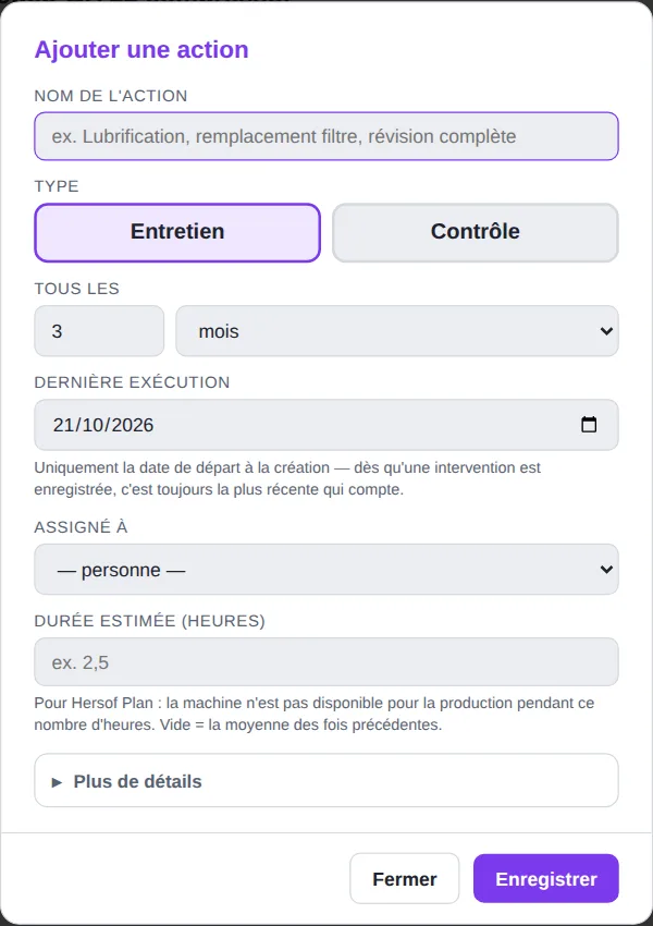 Fenêtre Ajouter une action