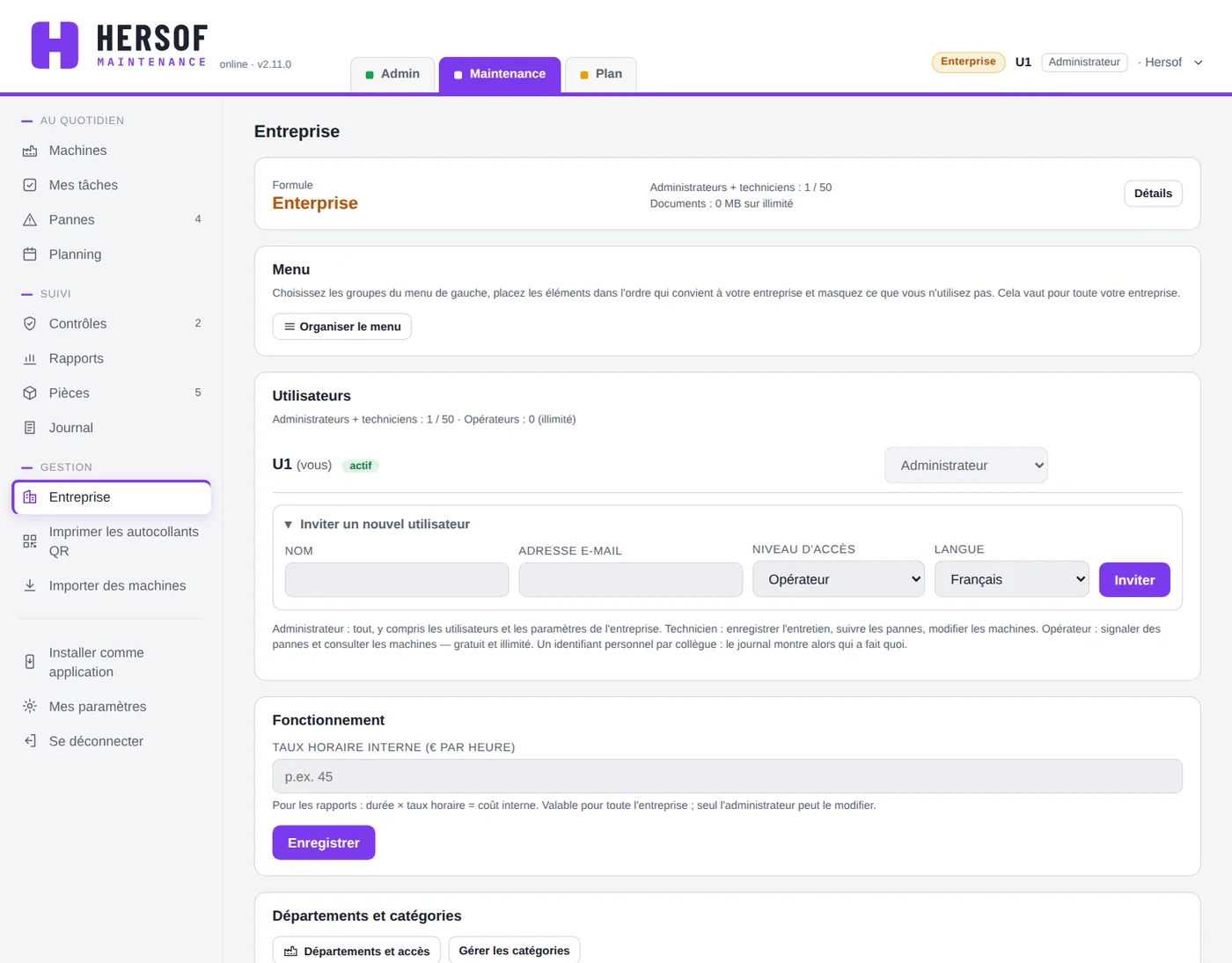 Écran Entreprise avec formule, utilisateurs et fonctionnement