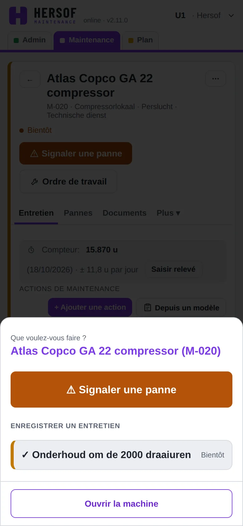Écran de smartphone après le scan : signaler une panne, enregistrer l'entretien ou ouvrir la machine