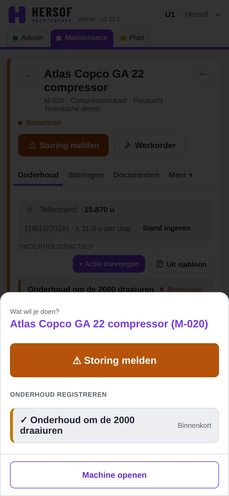 Gsm-scherm na het scannen: Storing melden, onderhoud registreren of machine openen