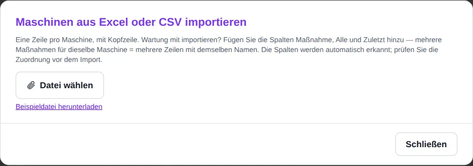Fenster Maschinen aus Excel oder CSV importieren