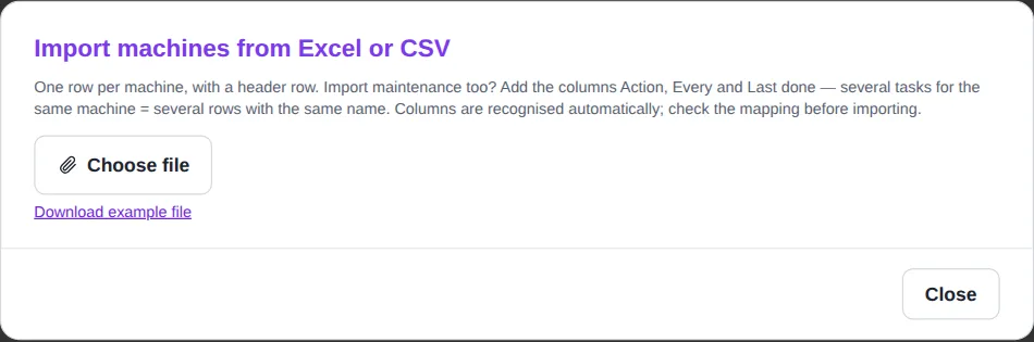 Window for importing machines from Excel or CSV