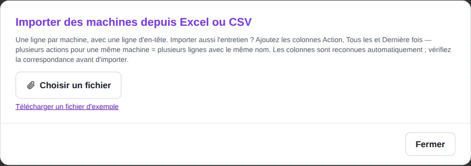 Fenêtre Importer des machines depuis Excel ou CSV