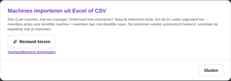 Venster Machines importeren uit Excel of CSV