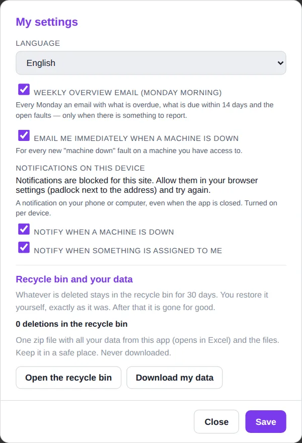 My settings window with email and notifications