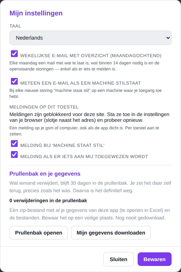 Venster Mijn instellingen met e-mail en meldingen