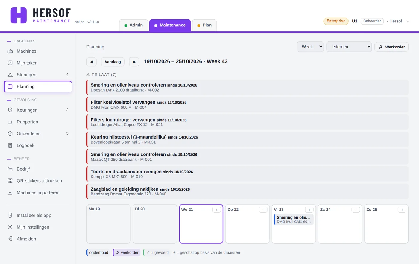 Planning per week met onderhoud en werkorders per dag