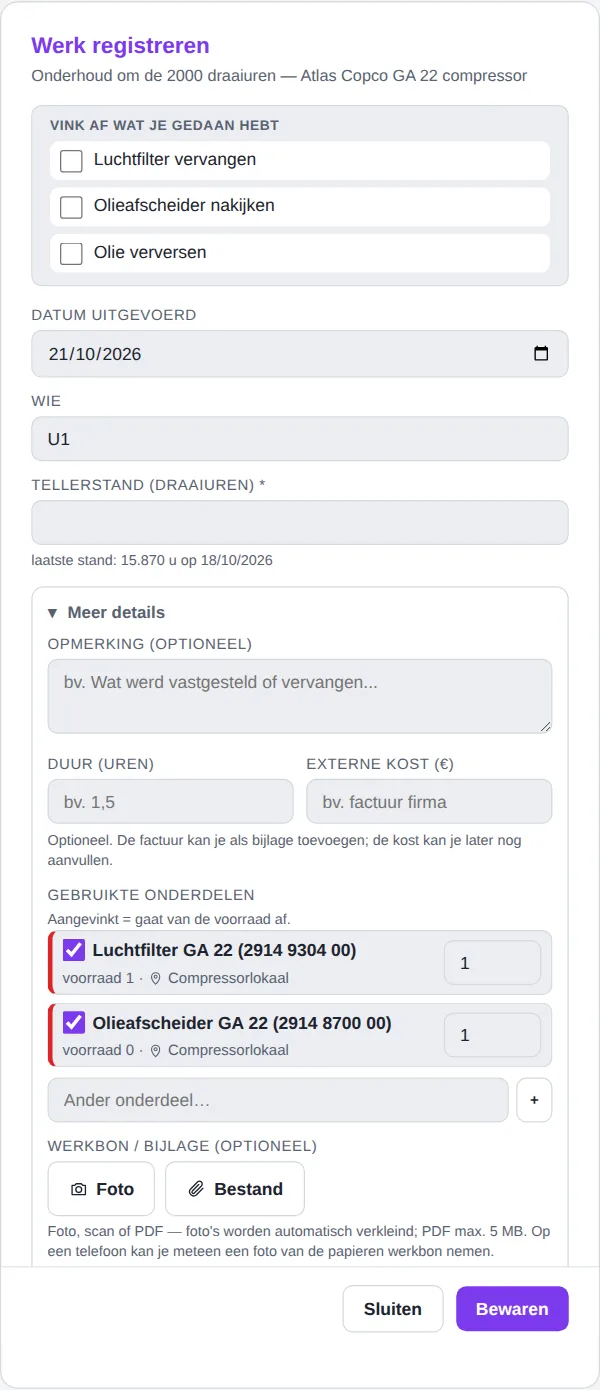 Venster Werk registreren met checklist, datum, tellerstand en onderdelen