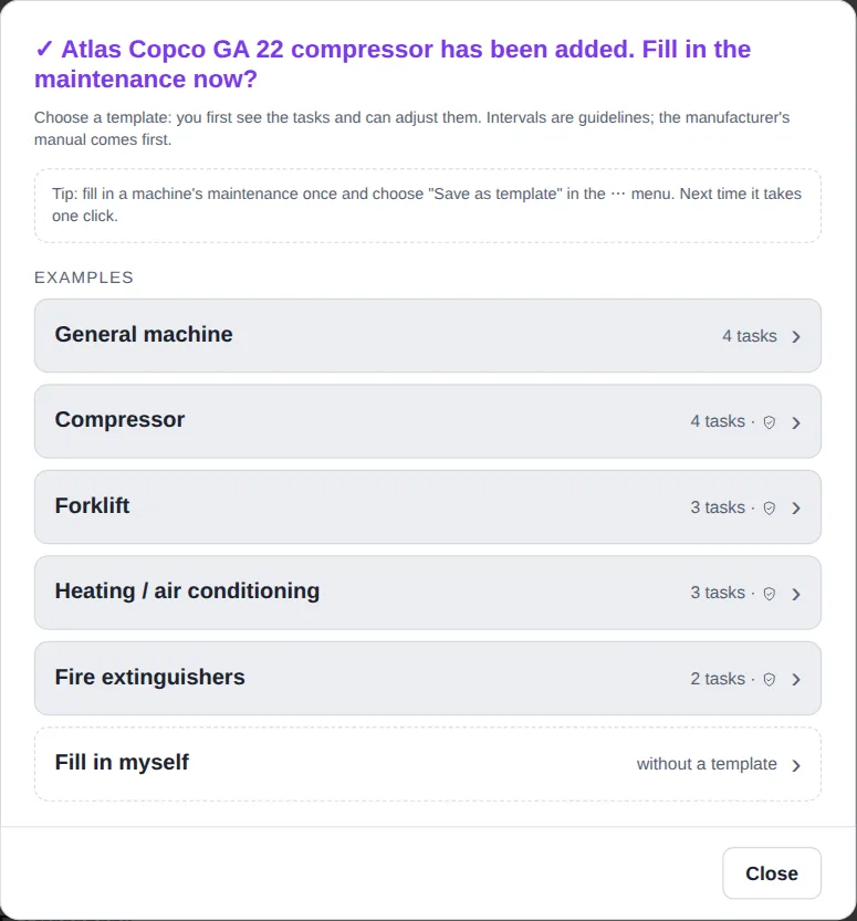 Template picker with examples such as compressor and forklift