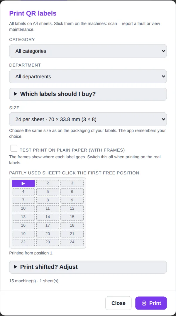 Print QR labels window with format and positions