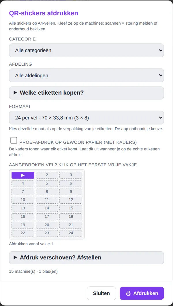 Venster QR-stickers afdrukken met formaat en vakjes