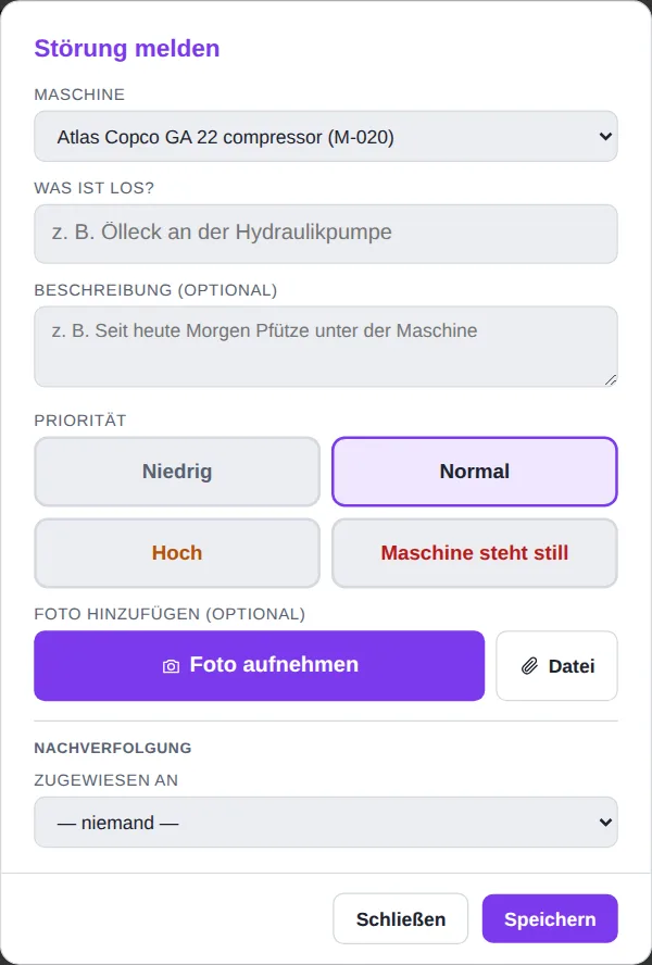 Fenster Störung melden mit Priorität und Foto