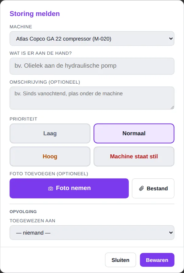 Venster Storing melden met prioriteit en foto