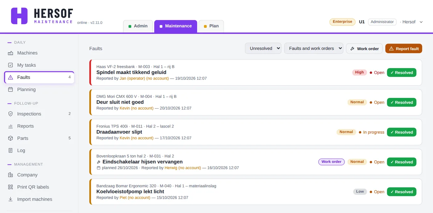 List of faults and work orders with their status