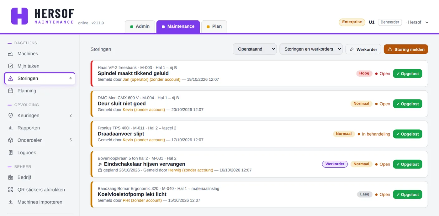 Lijst van storingen en werkorders met hun status