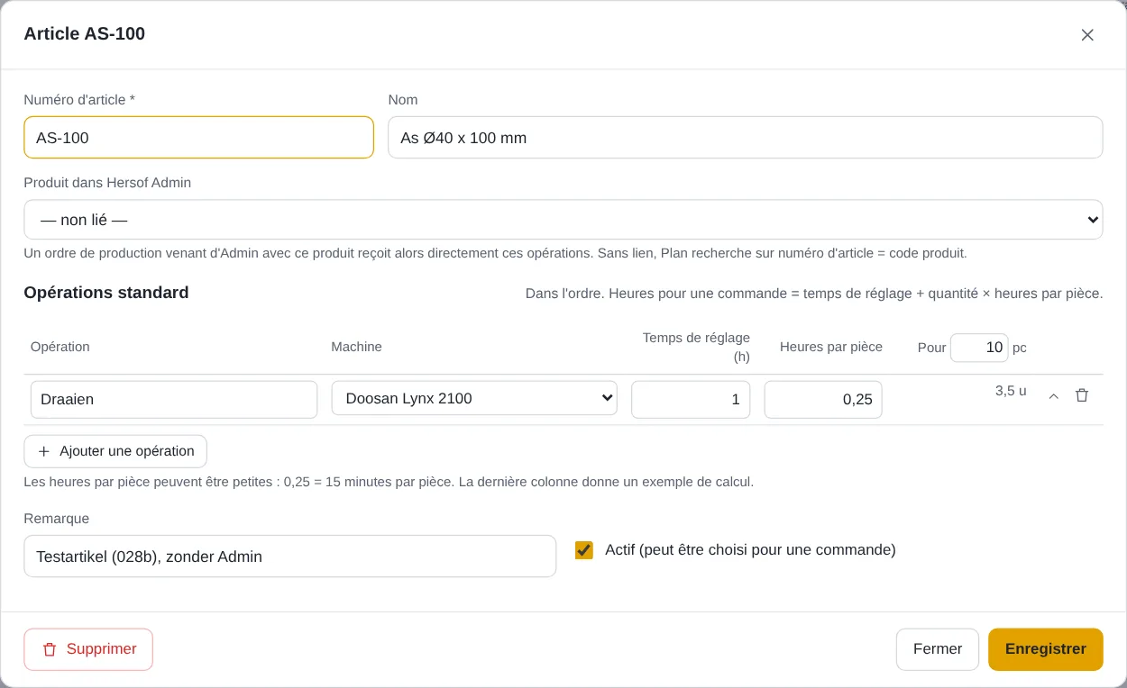 Fenêtre d'un article avec opérations standard