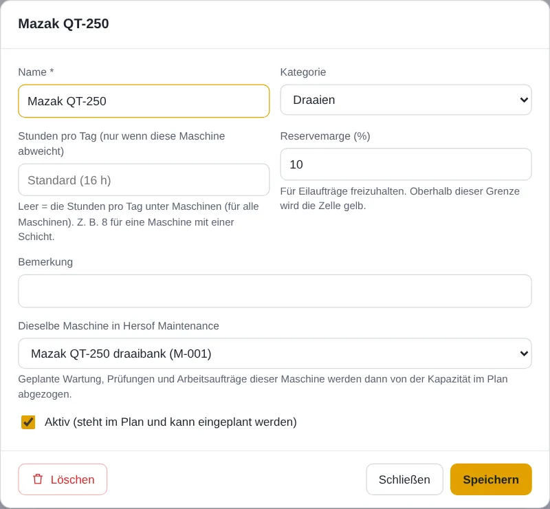 Fenster einer Maschine mit Kapazität, Reservemarge und Verknüpfung mit Maintenance