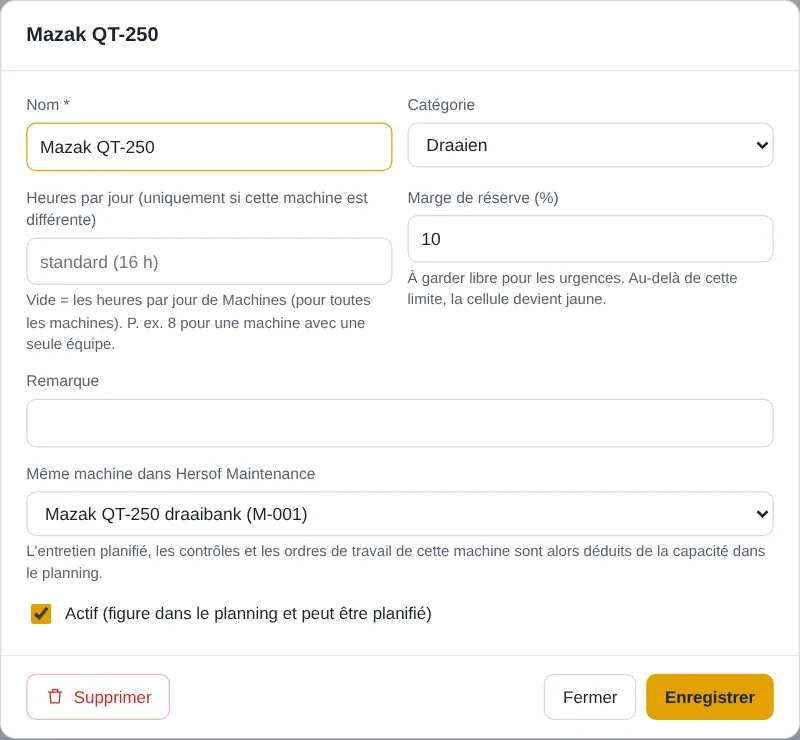 Fenêtre d'une machine avec capacité, marge de réserve et lien avec Maintenance