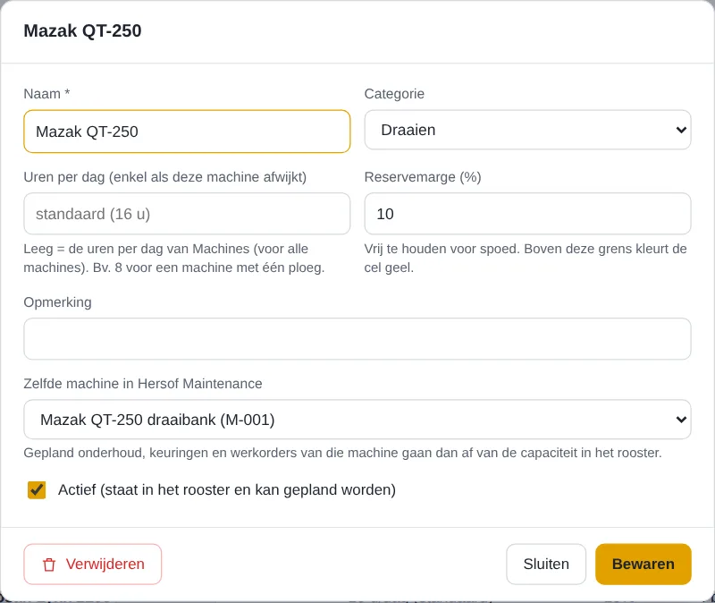 Venster van een machine met capaciteit, reservemarge en koppeling met Maintenance