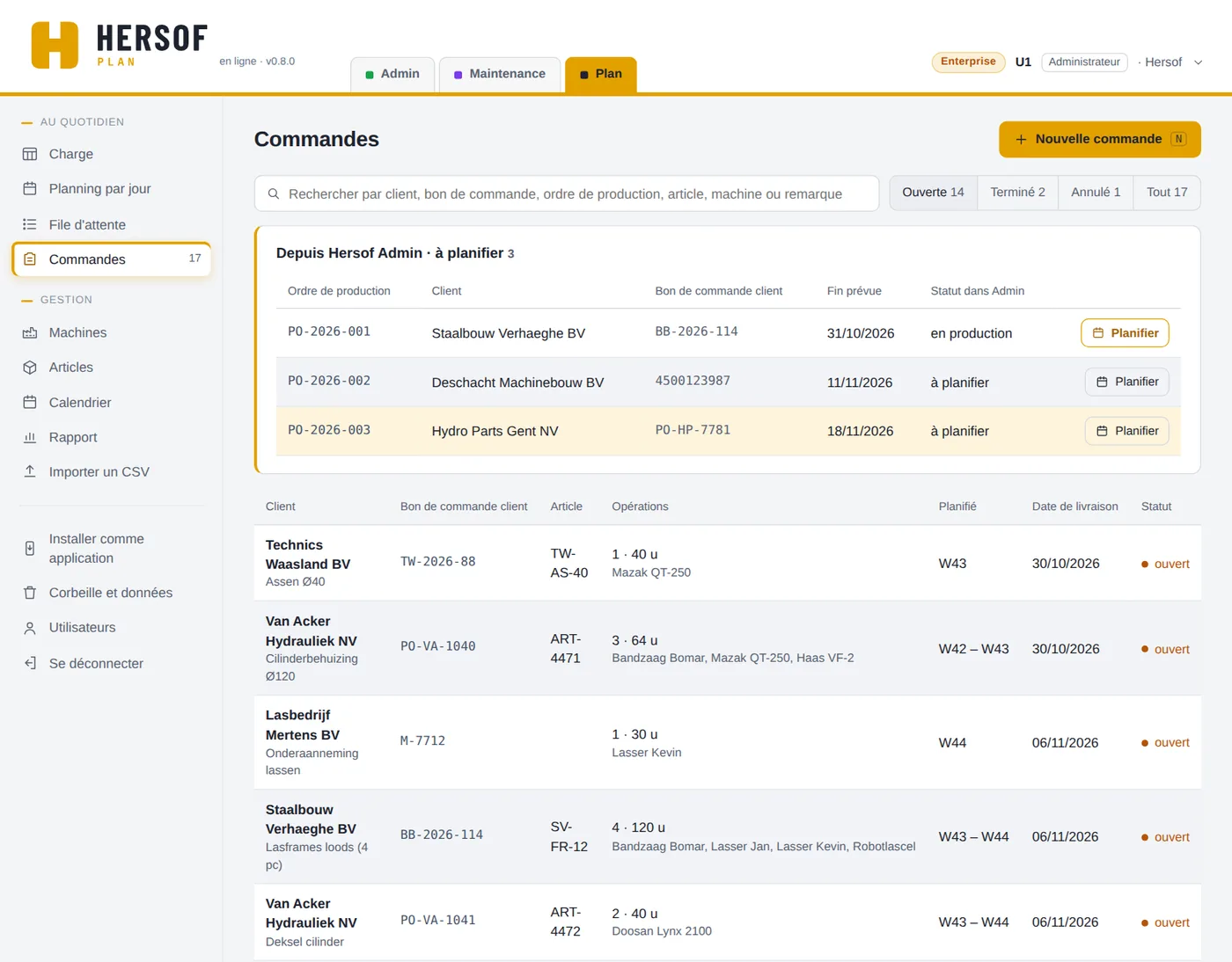 Liste des commandes, avec en haut les ordres de production venant d'Admin
