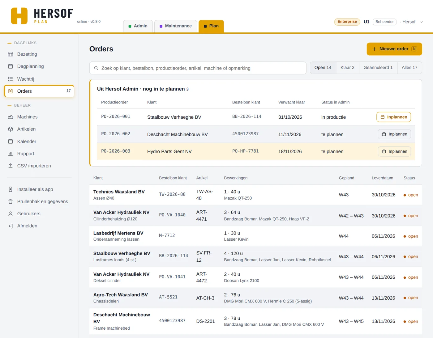 Lijst van orders, met bovenaan productieorders uit Admin